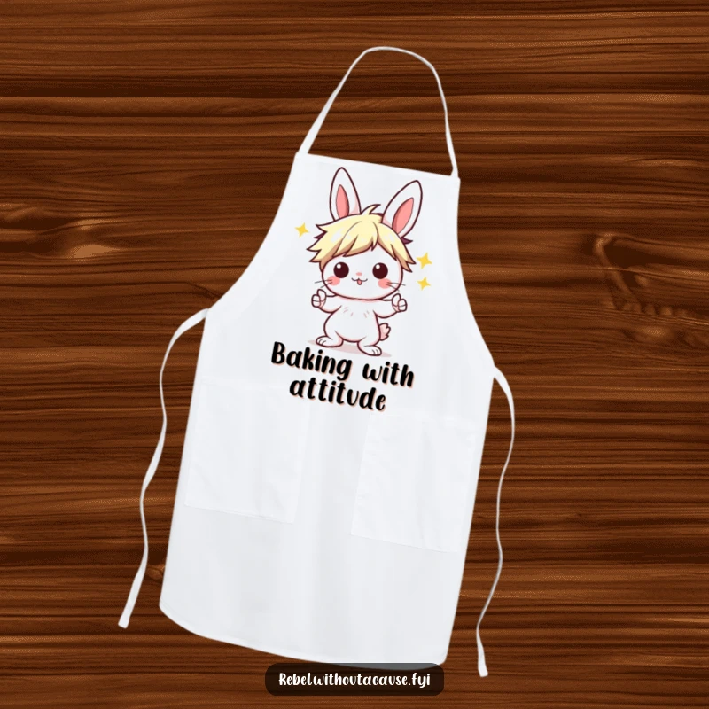 Funny Kawaii Bunny Apron showing a punk bunny with a wild hairstyle, striking a 'rock on' pose, ready for culinary jams.