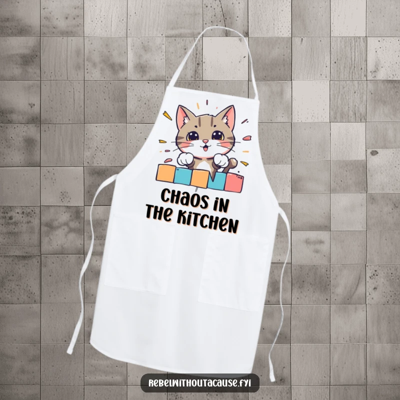 Funny apron showing a bold cat character smashing through a colorful striped barrier, ready for any cooking task.