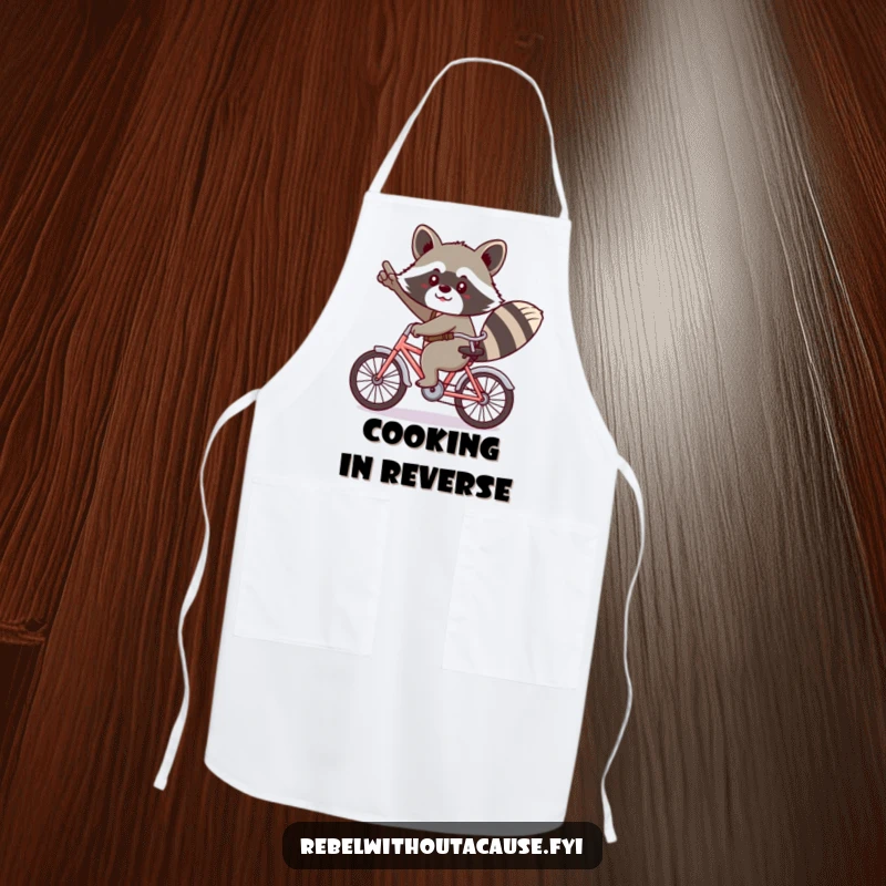 Funny kawaii raccoon giving a cheeky salute, riding a tiny bicycle backwards on an apron.