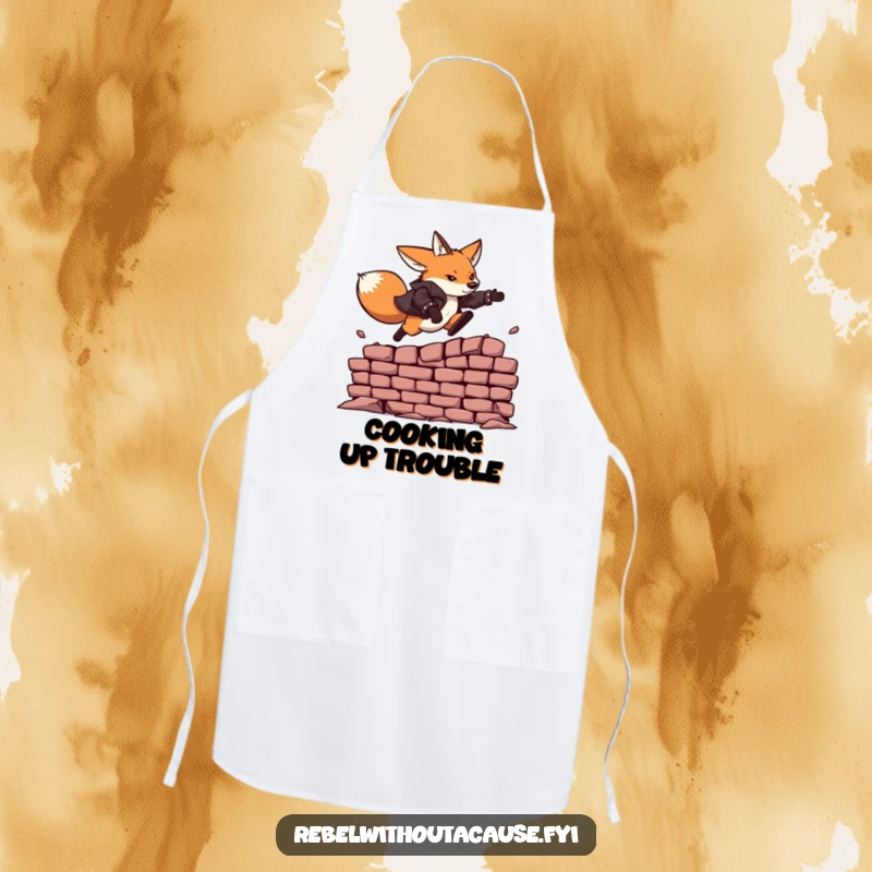 Funny apron showing a fearless fox in a leather jacket, dramatically leaping over a crumbling brick wall while cooking.