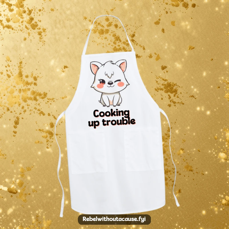 Funny apron with a mischievous animal character using a chalk stencil and winking, perfect for cooking with playful flair.