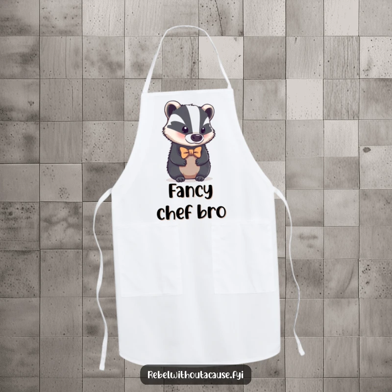 Funny apron with a bold badger, tiny crooked bowtie, looking aloof, bringing sophisticated humor to kitchen tasks, a great funny gift.
