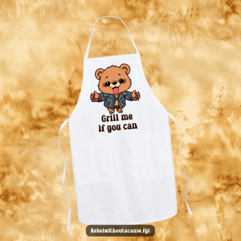 Funny bear cub apron showing a cub in a ripped leather jacket, ready to cook with attitude, perfect funny gift for chefs.