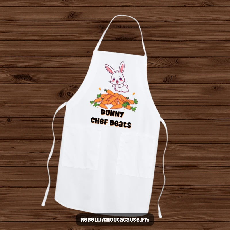 Funny apron showing a bold bunny aggressively hopping over discarded carrots, perfect for kitchen protection with a humorous twist.
