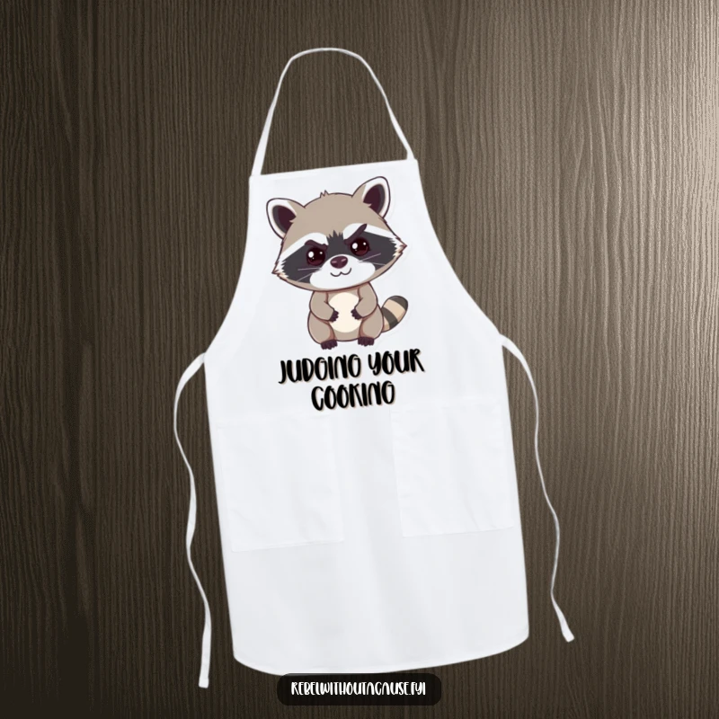 Funny raccoon apron featuring a cheeky raccoon with a mischievous smirk and a raised eyebrow, ideal for kitchen humor.