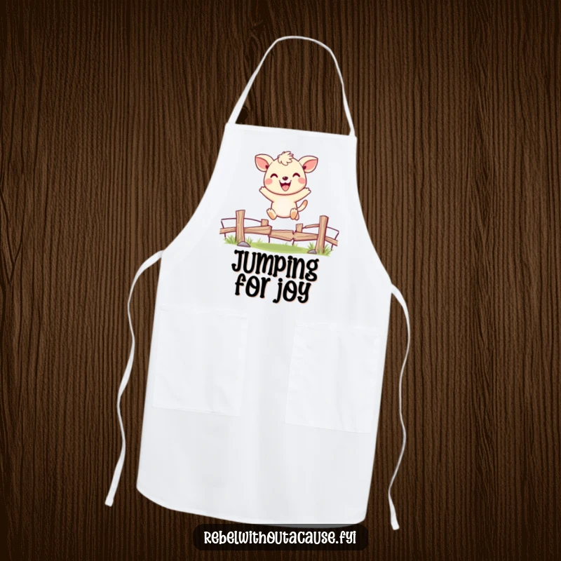 Funny apron with a cheerful animal character joyfully jumping over a broken fence, perfect for cooking with a smile.