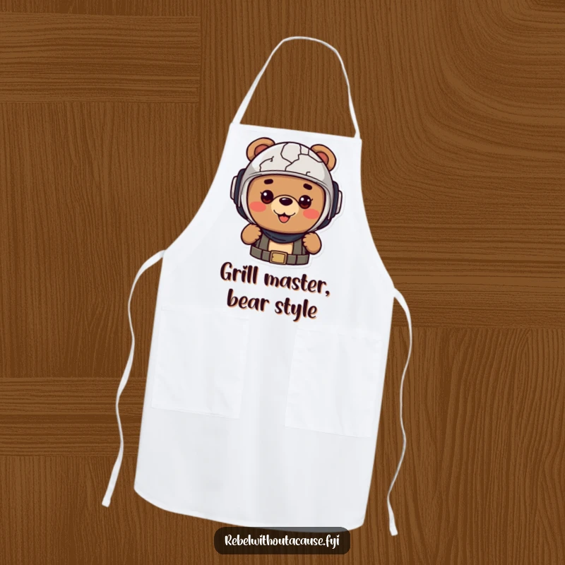 Funny apron of a cheerful bear character wearing a cracked helmet, ready for any kitchen adventure with a smile.