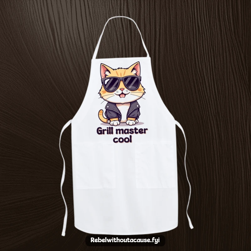 Funny apron featuring a cool cat in sunglasses and a leather jacket, ready to cook with a mischievous grin.