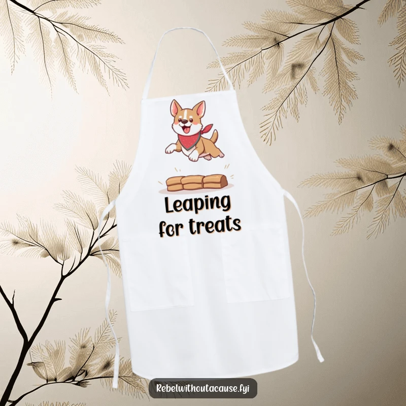 Funny apron with a bandana-clad dog leaping over an obstacle, bringing daring energy and humor to kitchen tasks, a great funny gift.