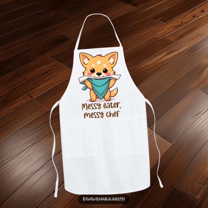 Funny apron adorned with a carefree dog in a bandana, ripping paper, adding humor to kitchen activities.