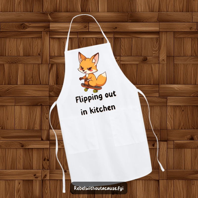 Funny fox apron showing a cheeky fox skateboarding backwards, perfect for a fun and possibly messy cooking session, funny gift.