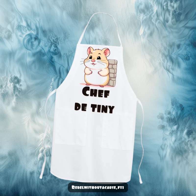 Funny apron showing a confident hamster leaning against a miniature wall, perfect for kitchen protection with a humorous twist.
