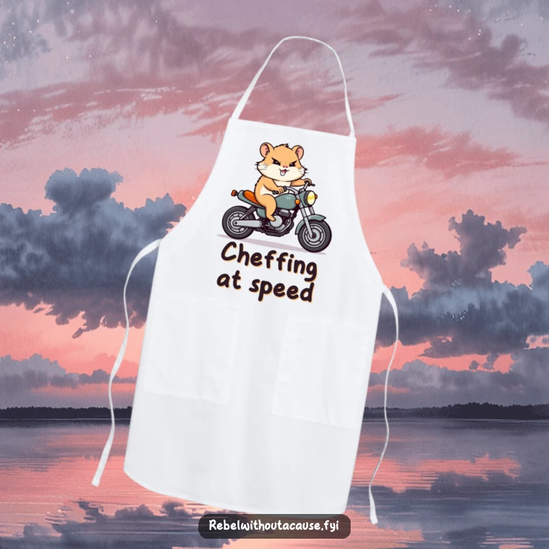 Funny Hamster Motorcycle Apron: A determined hamster character rides a tiny motorcycle with a resolute grin, ready for kitchen action.