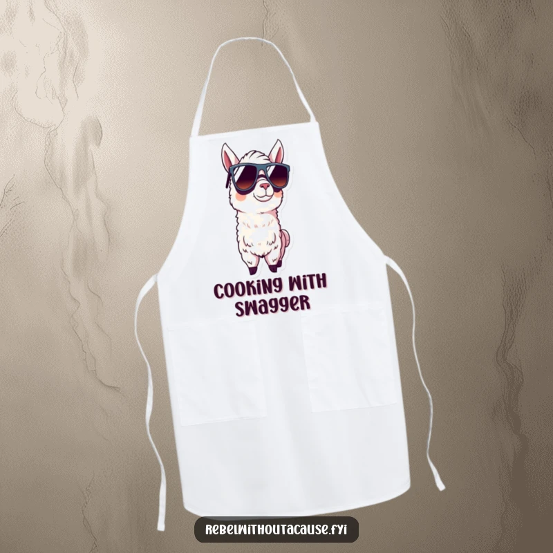 Funny llama wearing an apron and oversized sunglasses, exuding cool confidence in the kitchen.