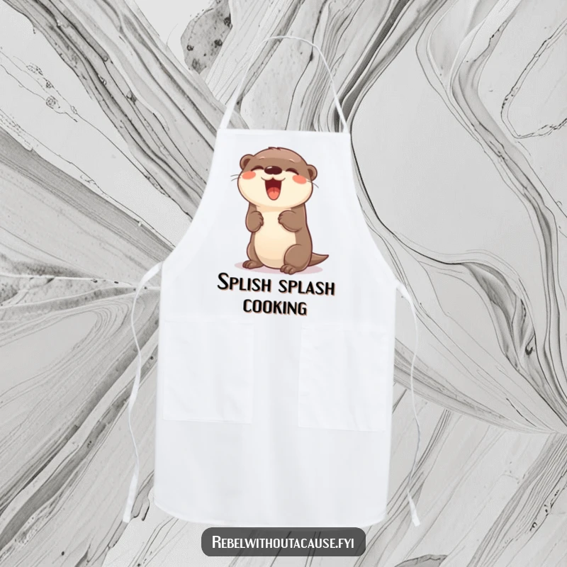 Funny giggling otter with a carefree attitude doing a playful flip on a kitchen apron.
