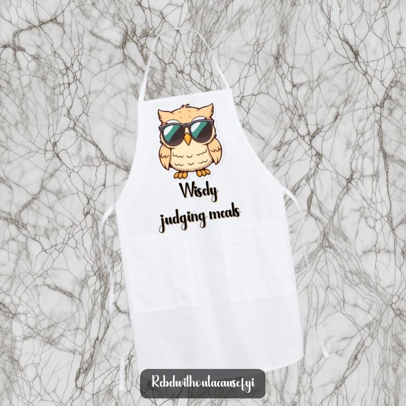 Funny owl wearing sunglasses, smirking with an unimpressed look on a chef's apron, culinary humor.