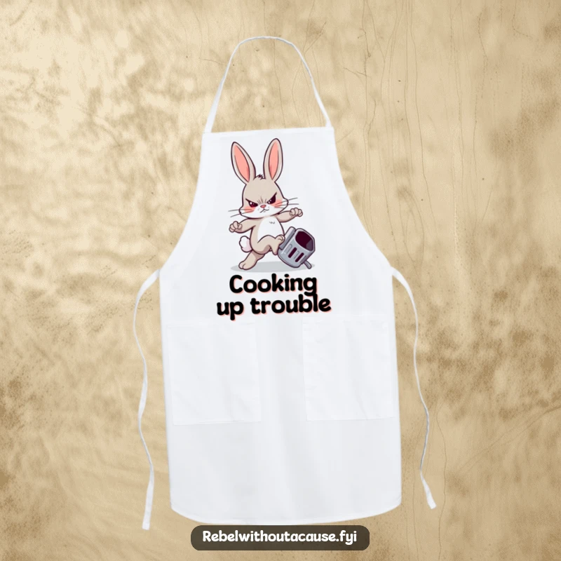 Funny apron showing a rebellious bunny kicking a trash can, perfect for cooks who enjoy humorous kitchen antics.