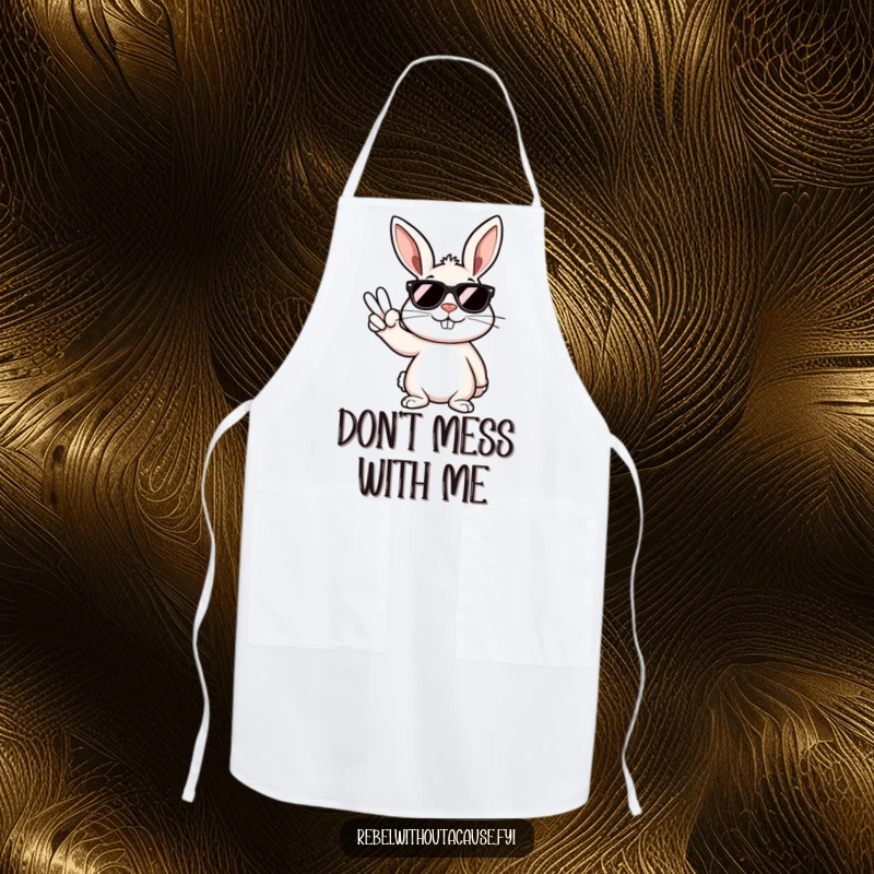 Funny apron featuring a rebellious bunny in sunglasses, smirking and giving a peace sign, perfect for kitchen fun.