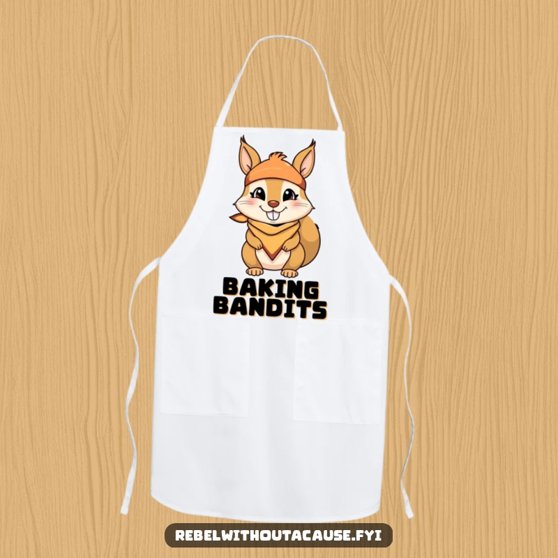Funny apron featuring a mischievous squirrel wearing a bandana and a cheeky grin, ready to cook up a storm with a playful attitude.