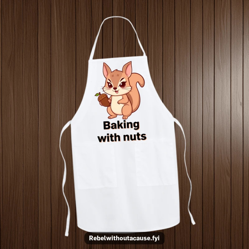 Funny squirrel apron showing a spunky squirrel determinedly holding an acorn, ready to protect your cooking, a funny gift.
