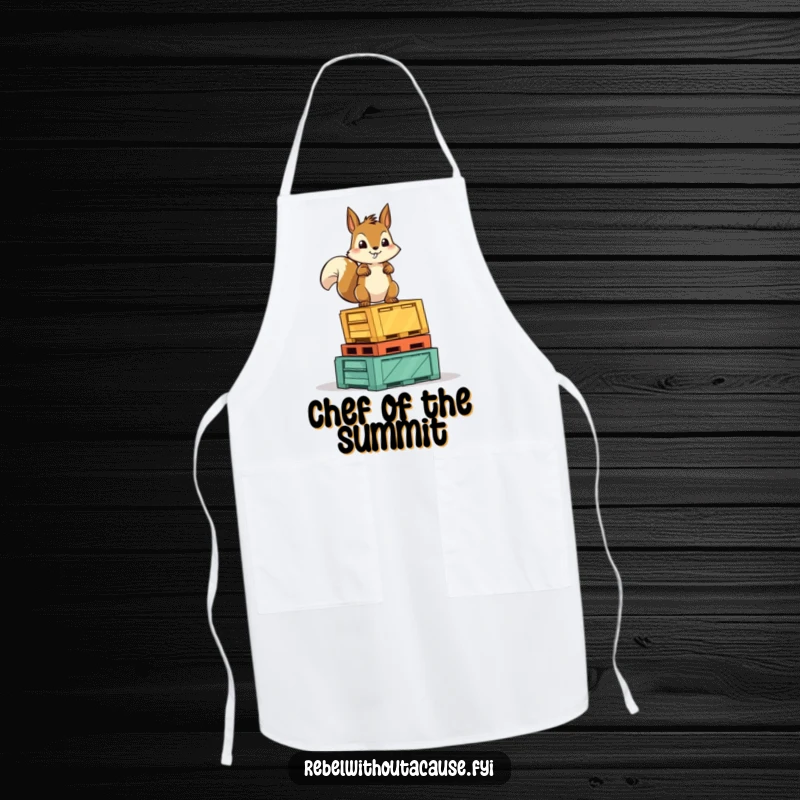 Funny Squirrel Victory Apron: A fearless squirrel character stands proudly on a stack of overturned crates, ready for kitchen battles.