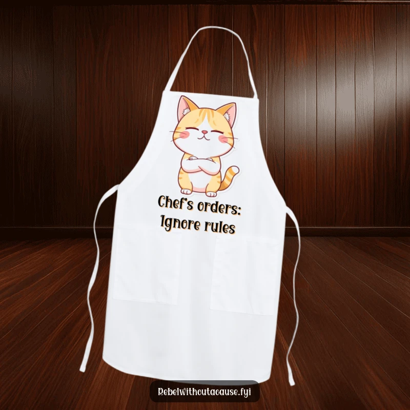 Funny apron of a giggling cat character arms crossed, looking unimpressed, ready to cook with a rebellious and humorous attitude.