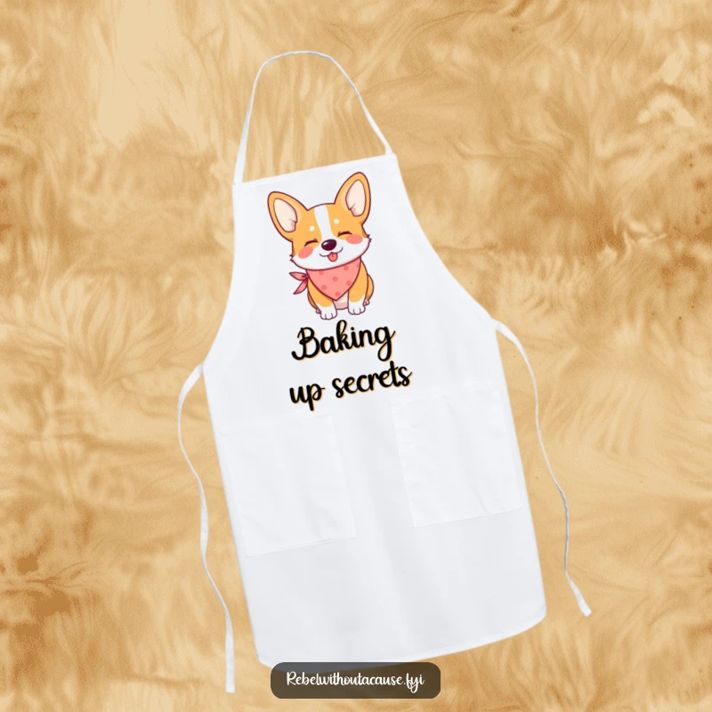 Funny apron showing a mischievous corgi wearing a bandana and giving a wink, great for kitchen fun.