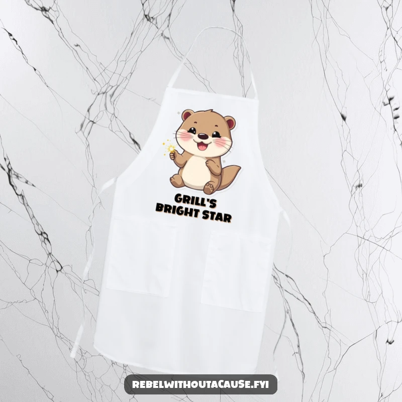 Funny otter apron showing a happy otter holding a sparkler, looking cool and confident. Humorous and practical for the kitchen.