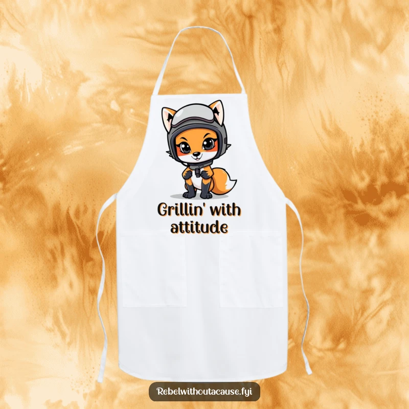 Funny apron showing a cool fox in a motorcycle helmet, perfect for cooks who enjoy a stylish and humorous approach.