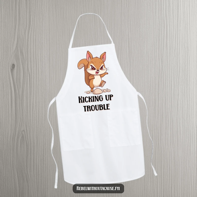 Funny apron featuring a defiant squirrel character with a determined look, focused on kicking a small pebble.