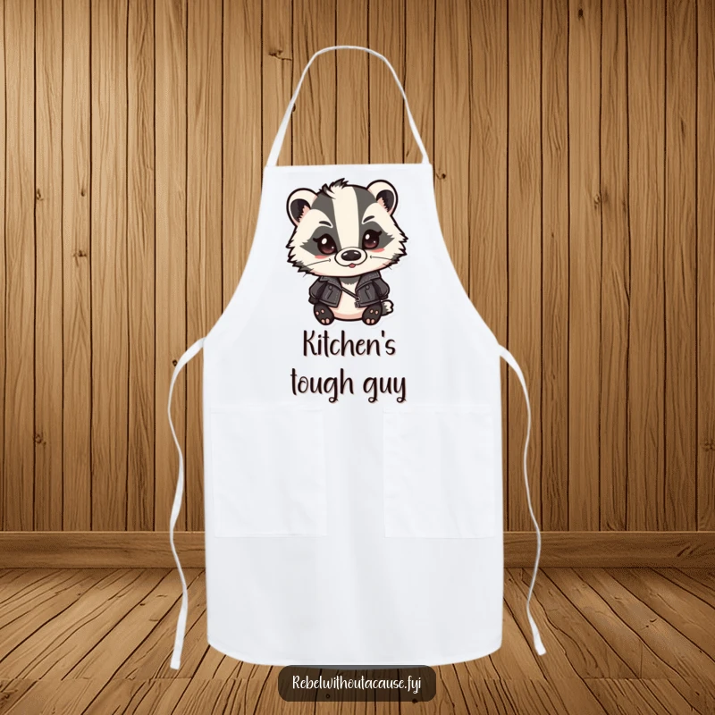 Funny badger apron showing a cute badger in a leather jacket and slicked-back hair, smirking with a mischievous culinary flair. A humorous cooking accessory.