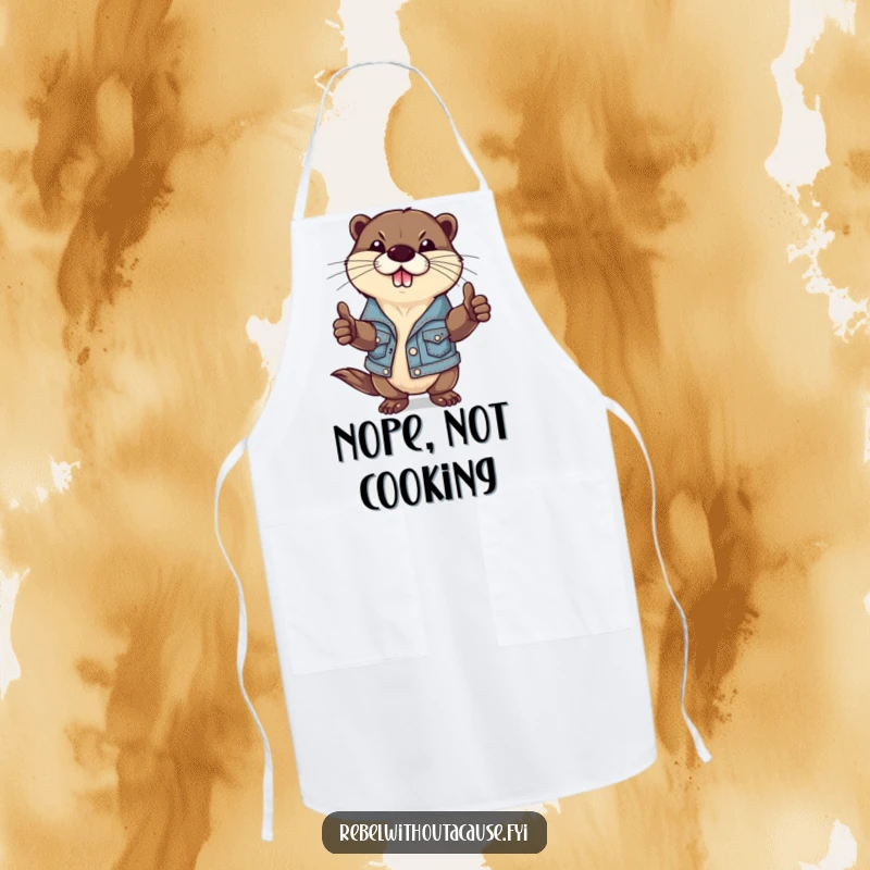 Funny apron featuring a defiant otter wearing a ripped denim jacket and giving a thumbs-down, perfect for adding a humorous, edgy touch to kitchen wear.