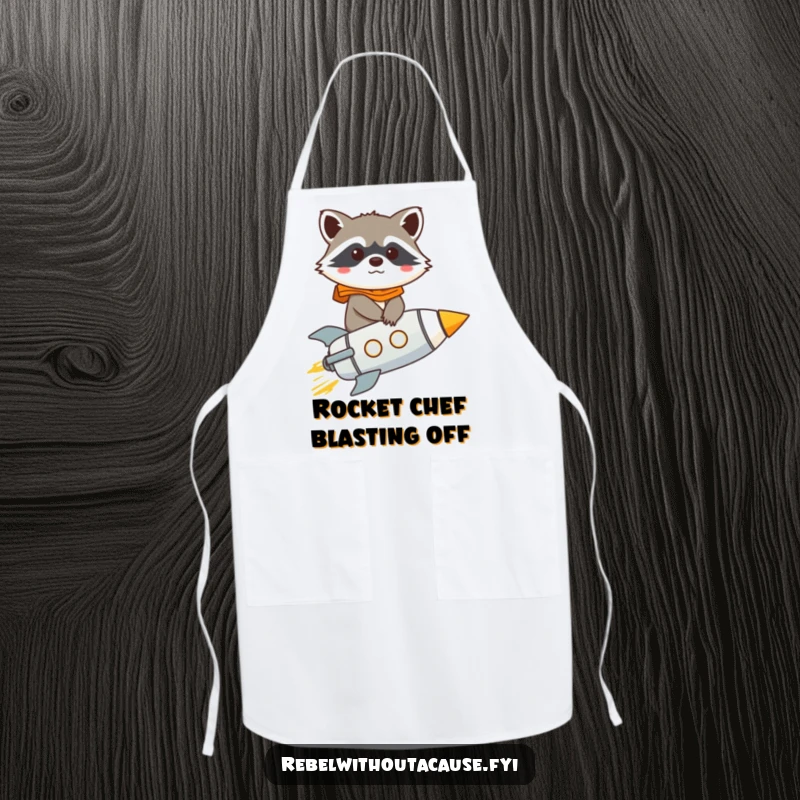 Funny raccoon character in an apron, piloting a rocket, a humorous kitchen accessory for aspiring cosmic chefs.