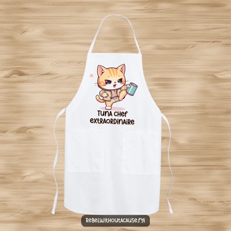 Funny Kawaii Cat Apron showing a punk kitty in ripped gear, defiantly kicking a tin can, ready for saucy kitchen adventures.