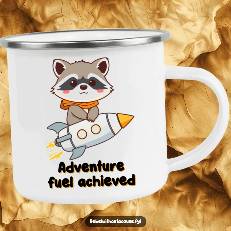 Funny raccoon character riding a rocket on a camping mug, bringing humor to outdoor adventures.