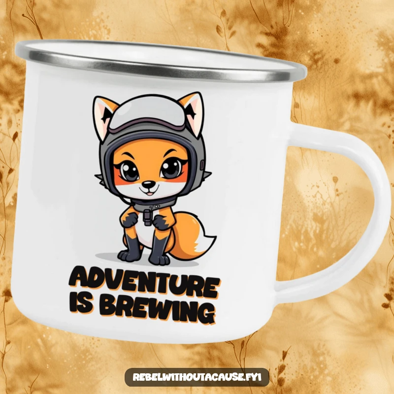 Funny camping mug featuring a cool fox in a motorcycle helmet, perfect for adventures with a stylish, confident vibe.