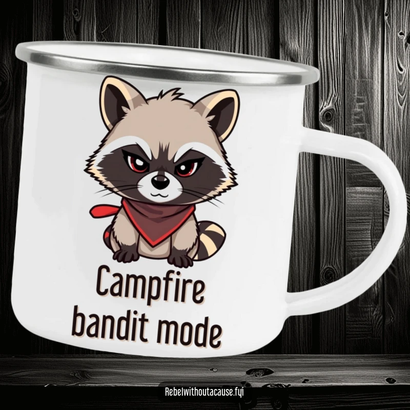 Funny raccoon camping mug with a mischievous raccoon and bandana, perfect for outdoor fun and as a hilarious funny gift.