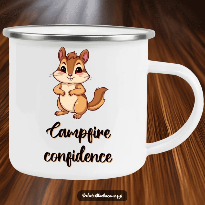 Funny bold chipmunk with a confident pose, paw on hip, on a camping mug.