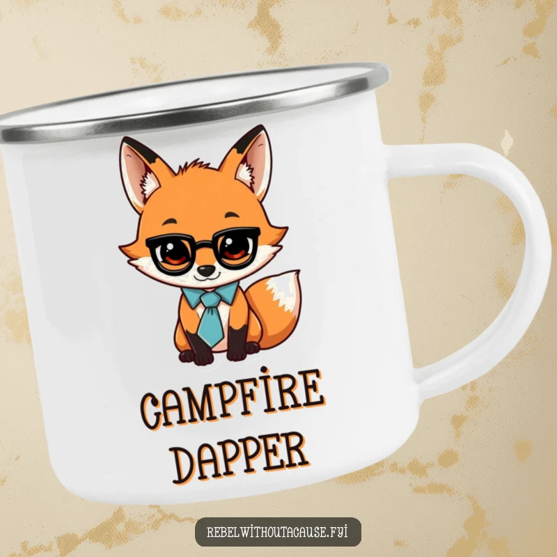 Funny camping mug featuring a jaunty fox wearing a loose tie and a swagger, ready for adventure and hot beverages.