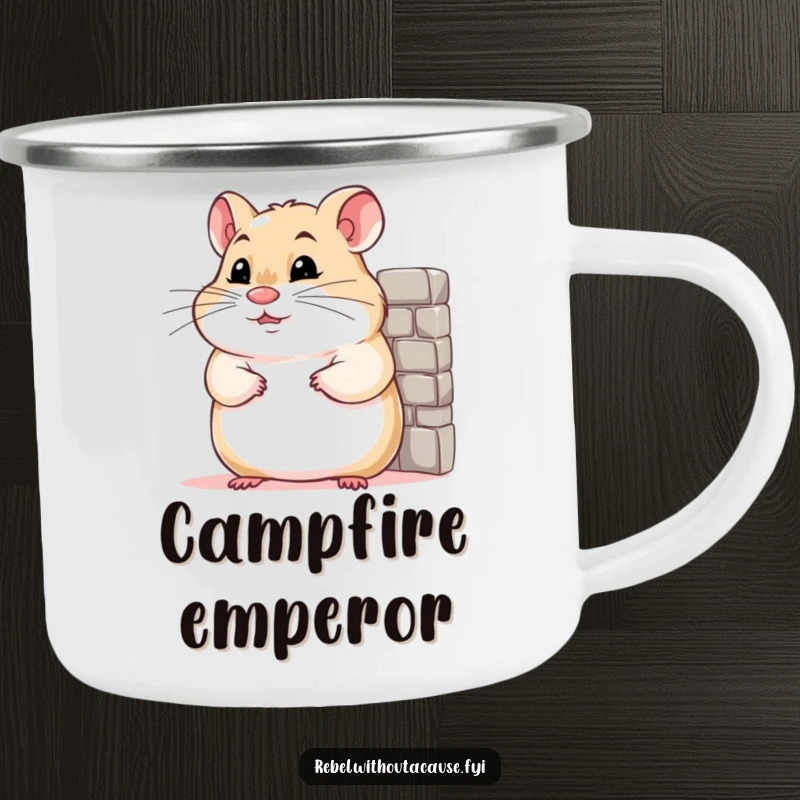 Funny camping mug with a confident hamster smirking and leaning against a tiny wall, designed for humorous outdoor fun.
