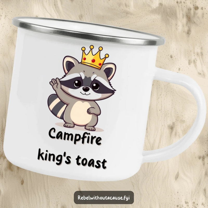 Funny Raccoon King Camping Mug: A bold raccoon character wearing a tiny crown gives a cool salute, perfect for outdoor sessions.