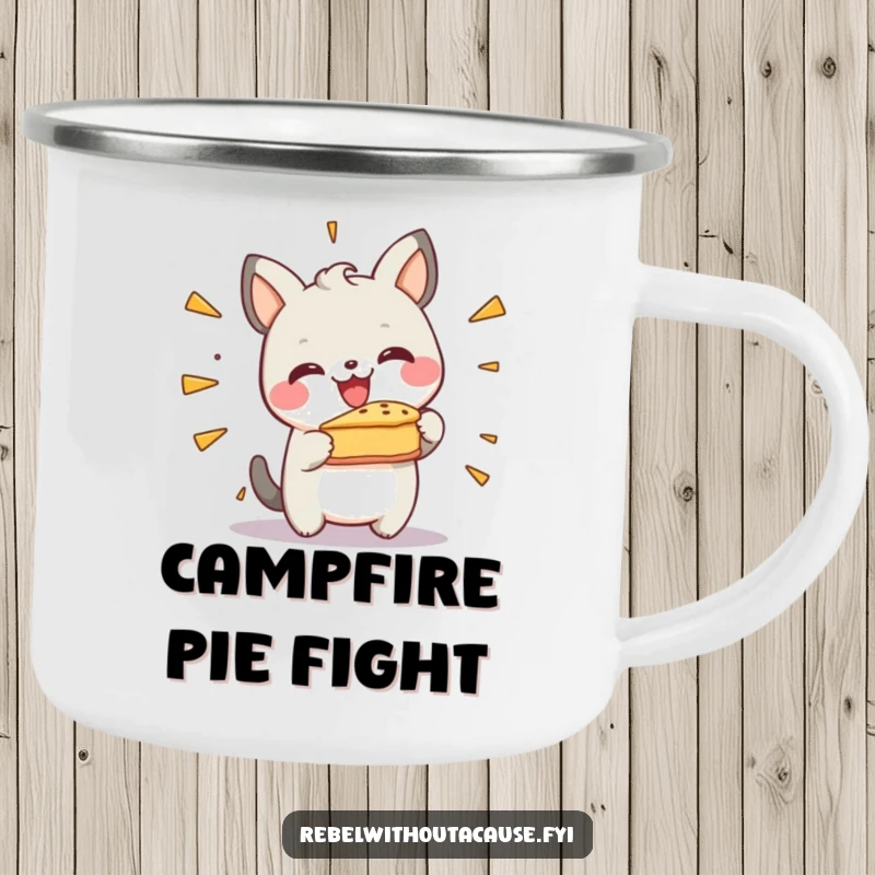 Funny Enamel Camping Mug: Happy Animal Character Smashing a Pie Against a Wall, Durable and Humorous.