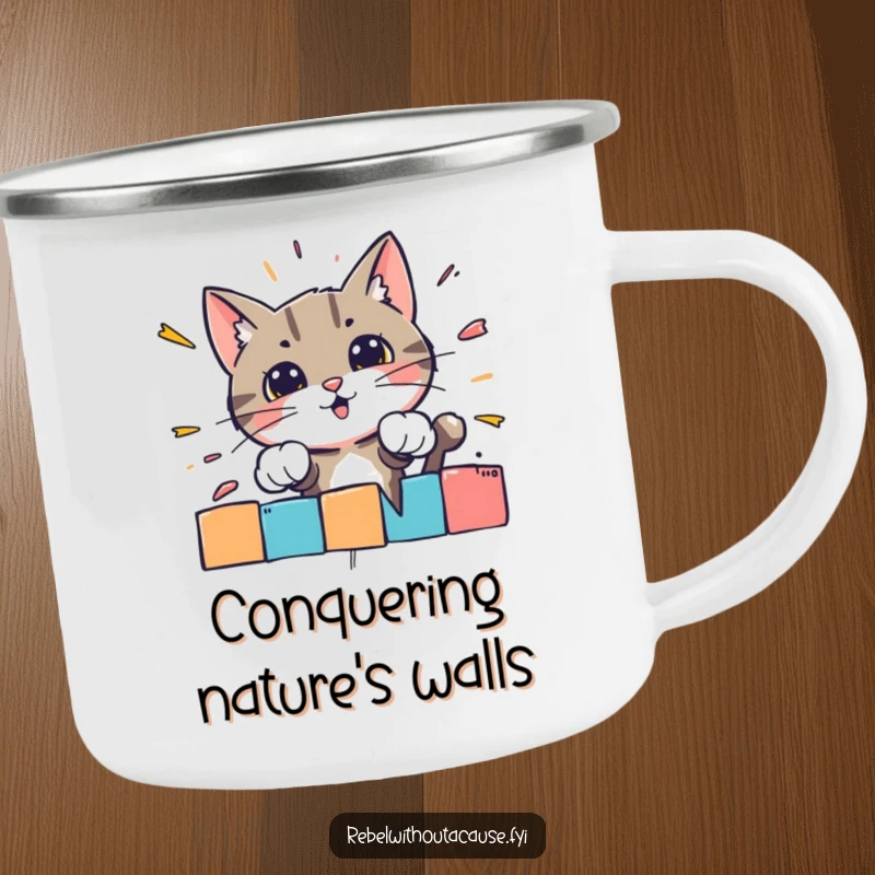 Funny enamel camping mug with a bold cat character smashing through a brightly colored, striped barrier.