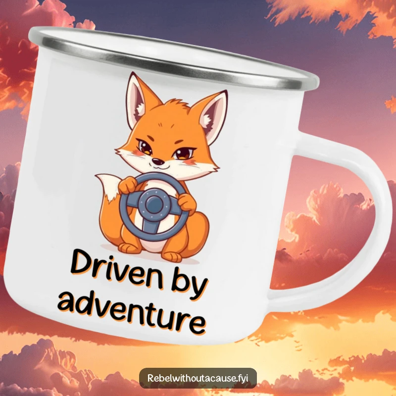 Funny camping mug featuring a sly fox holding a detached steering wheel, ideal for outdoor use with a humorous, adventurous theme.