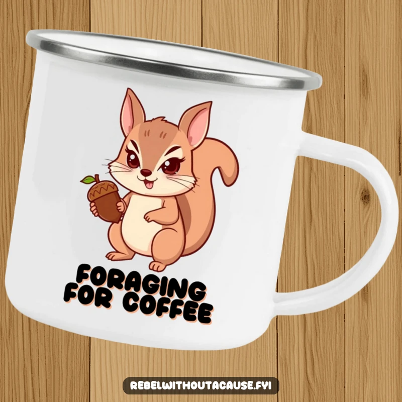 Funny squirrel camping mug with a spunky squirrel determinedly holding an acorn, perfect for focused outdoor trips and as a funny gift.