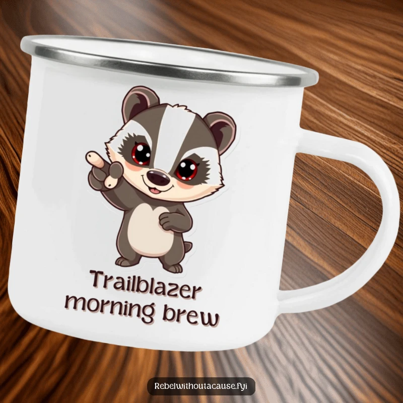 Funny bold badger camping mug featuring a determined badger pointing forward with a confident expression, perfect for outdoor inspiration.