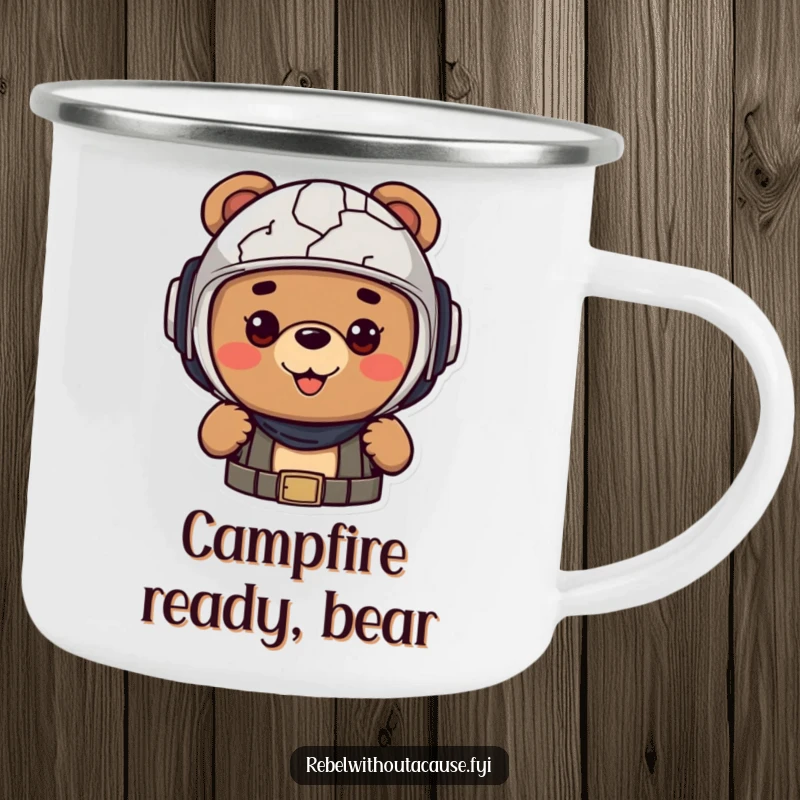 Funny camping mug of a cheerful bear character wearing a cracked helmet, ready for outdoor adventures with a positive attitude.