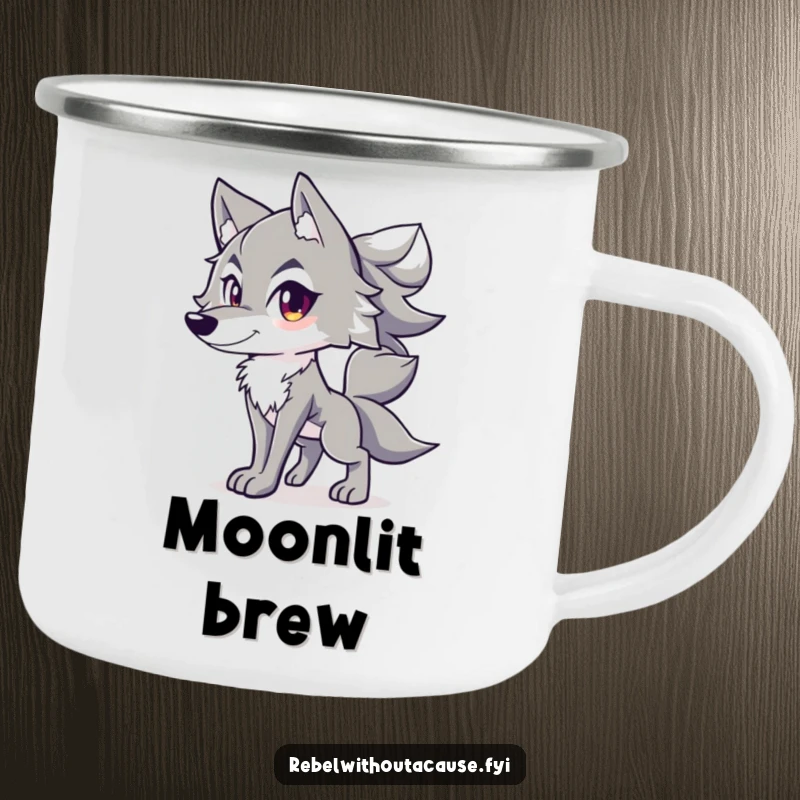 Funny camping mug featuring a spirited wolf with a confident stance and tail held high, representing the wild.