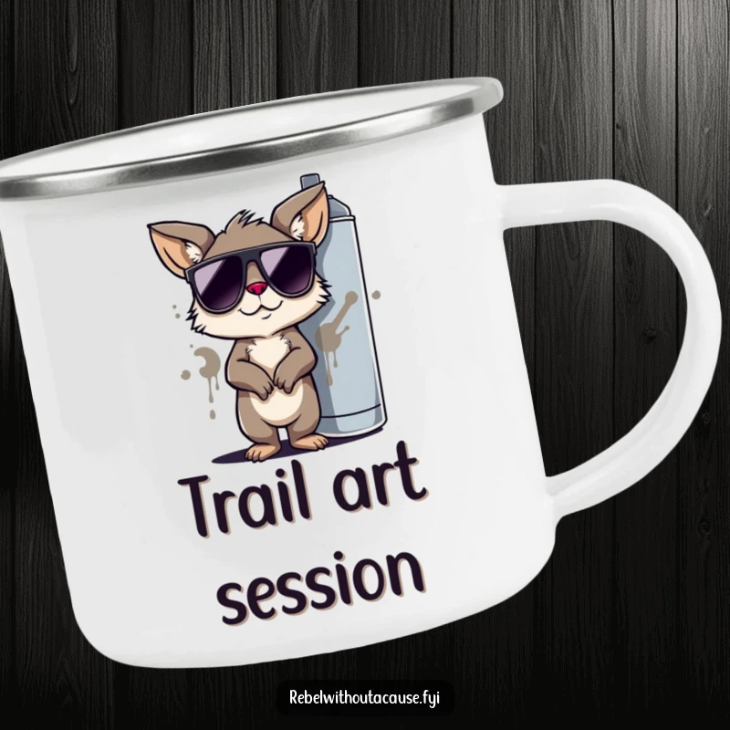 Funny Enamel Camping Mug: Cool Animal Character, Sunglasses, Graffiti Spray Can, Durable and Humorous Outdoor Gear.