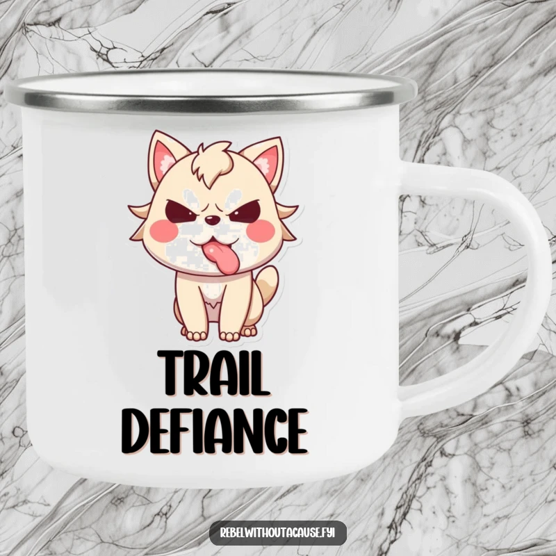 Funny camping mug with a spirited animal character defiantly sticking its tongue out, ready for adventures with a sassy, humorous spirit.